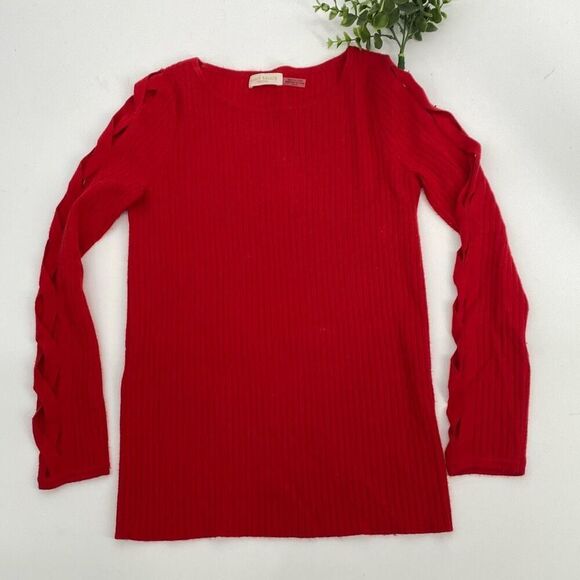 Ramy Brook XS Kimila Pullover Sweater Lattice Criss-Cross Arm Cashmere Blend Red - Picture 2 of 13
